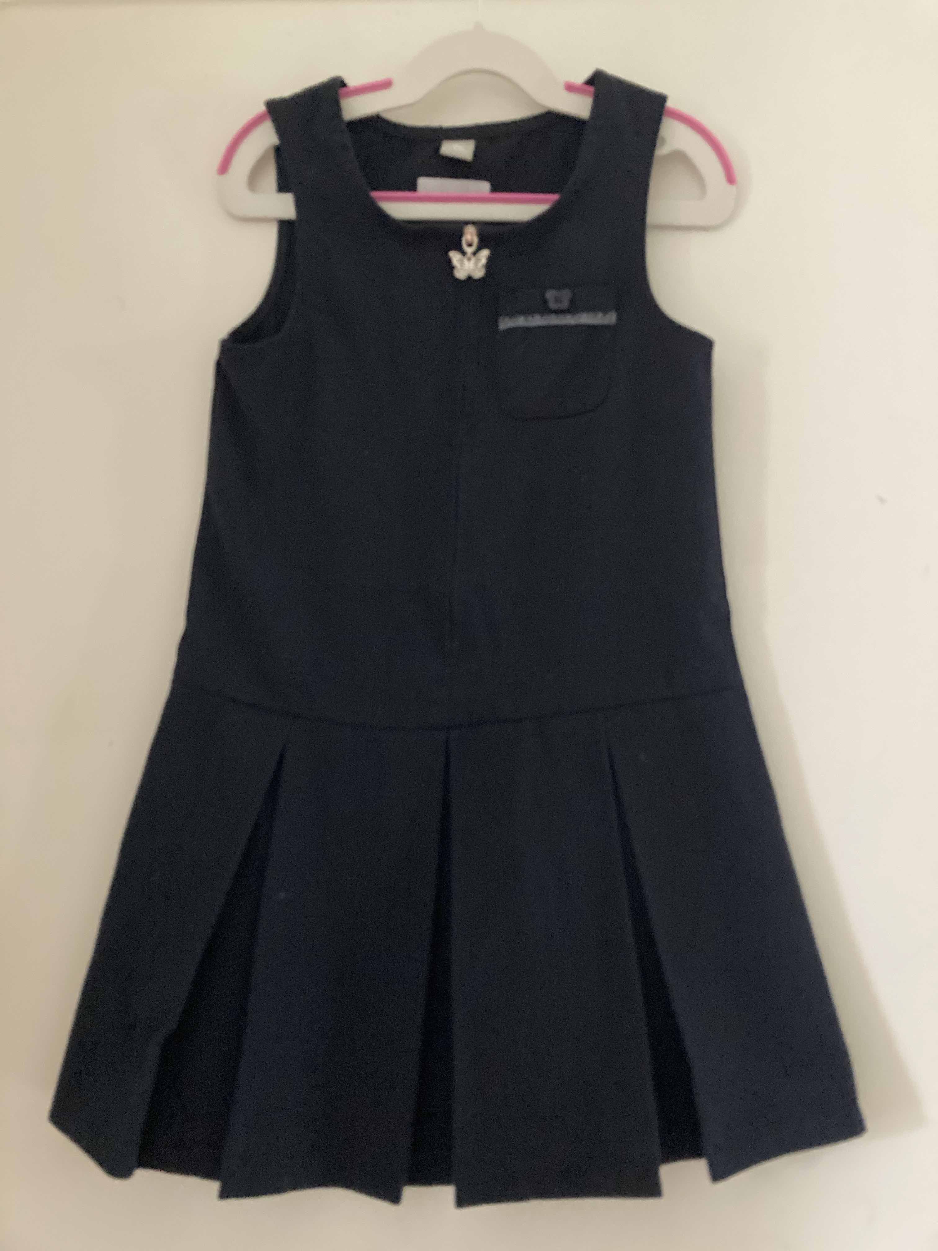 Girls' Navy Pinafore Dress, Zip Front, Drop Waist, Box Pleats, Breast Pocket 6-7 Y