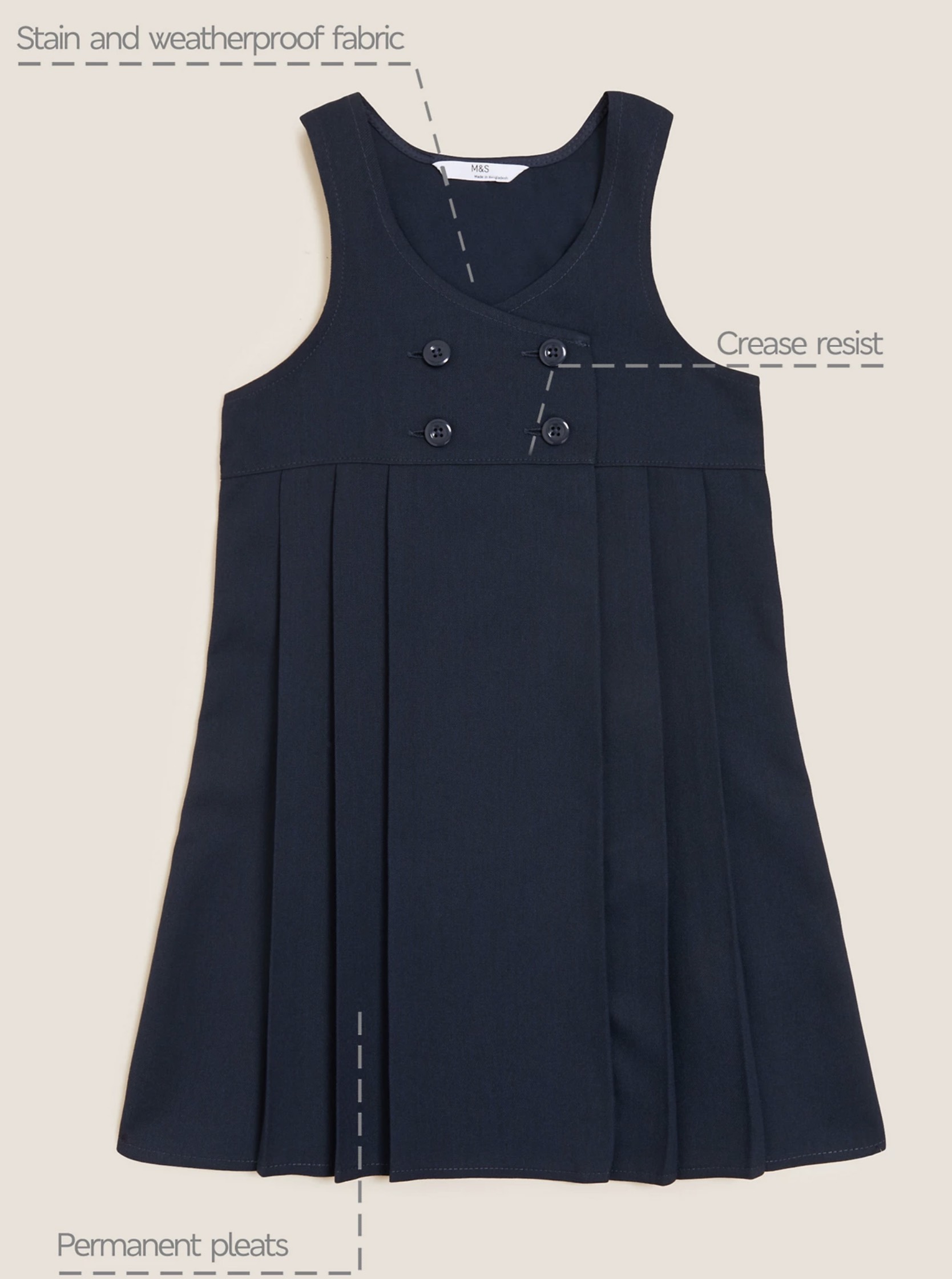 Girls' Navy Pinafore Dress, Crossover Button Front, Empire Waist, Pleated Skirt , 6-7 Y