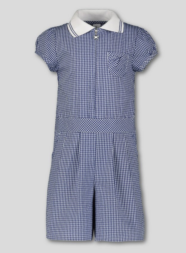 Girls' Blue Gingham Playsuit, Zip Front, Pockets 10-11 Y