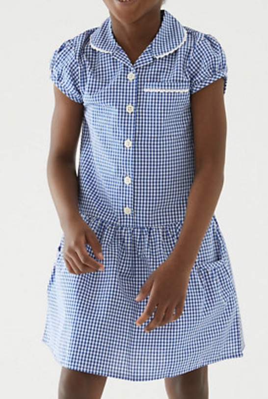 Girls' Gingham Summer Dress, Button Front, Front Pockets Gathered Drop Waist 13-14 Y