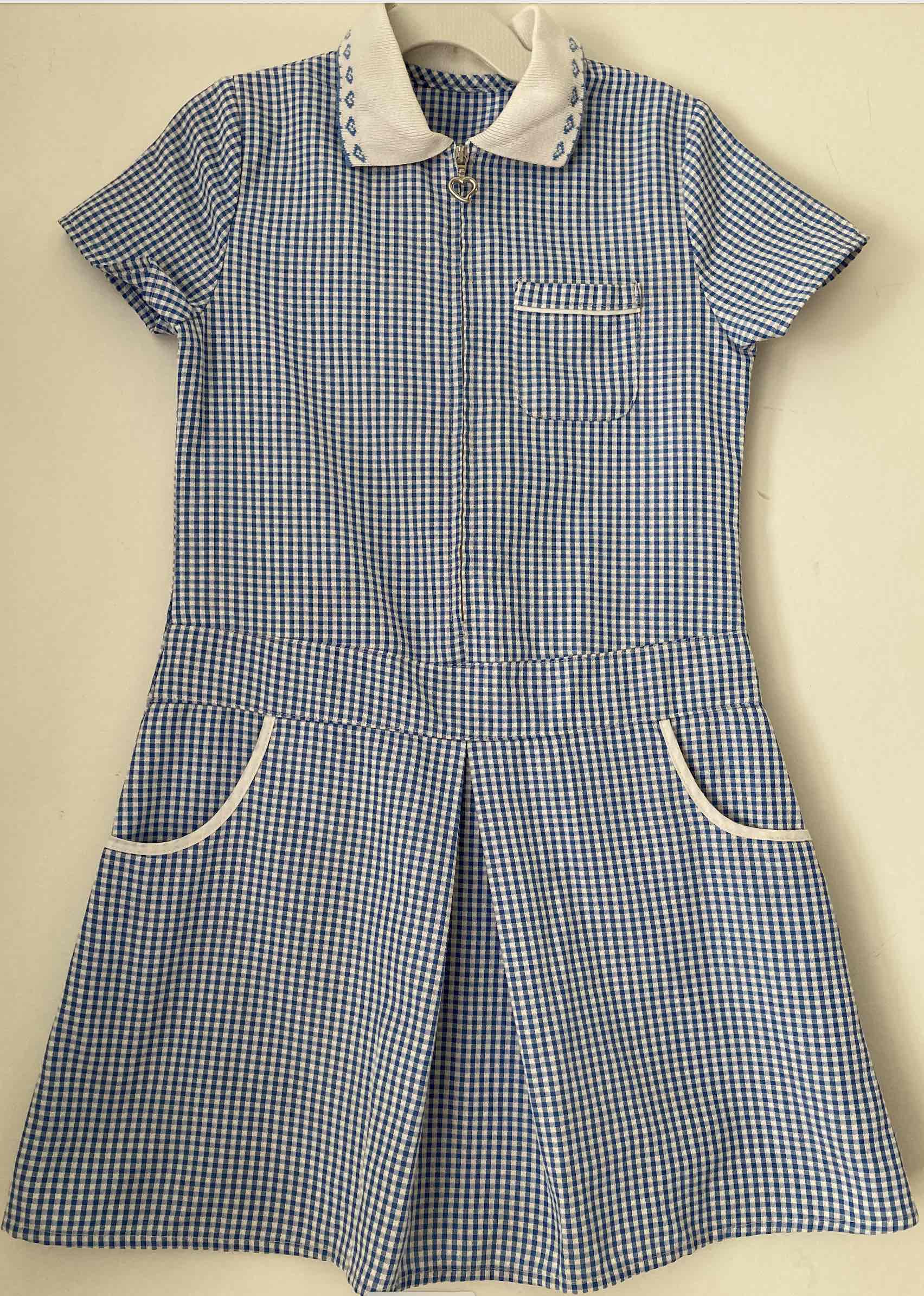 Girls' Sporty Navy Gingham Summer Dress, Zip Front, Drop Waist, Box-pleats, Breast Pocket 5-6 Y