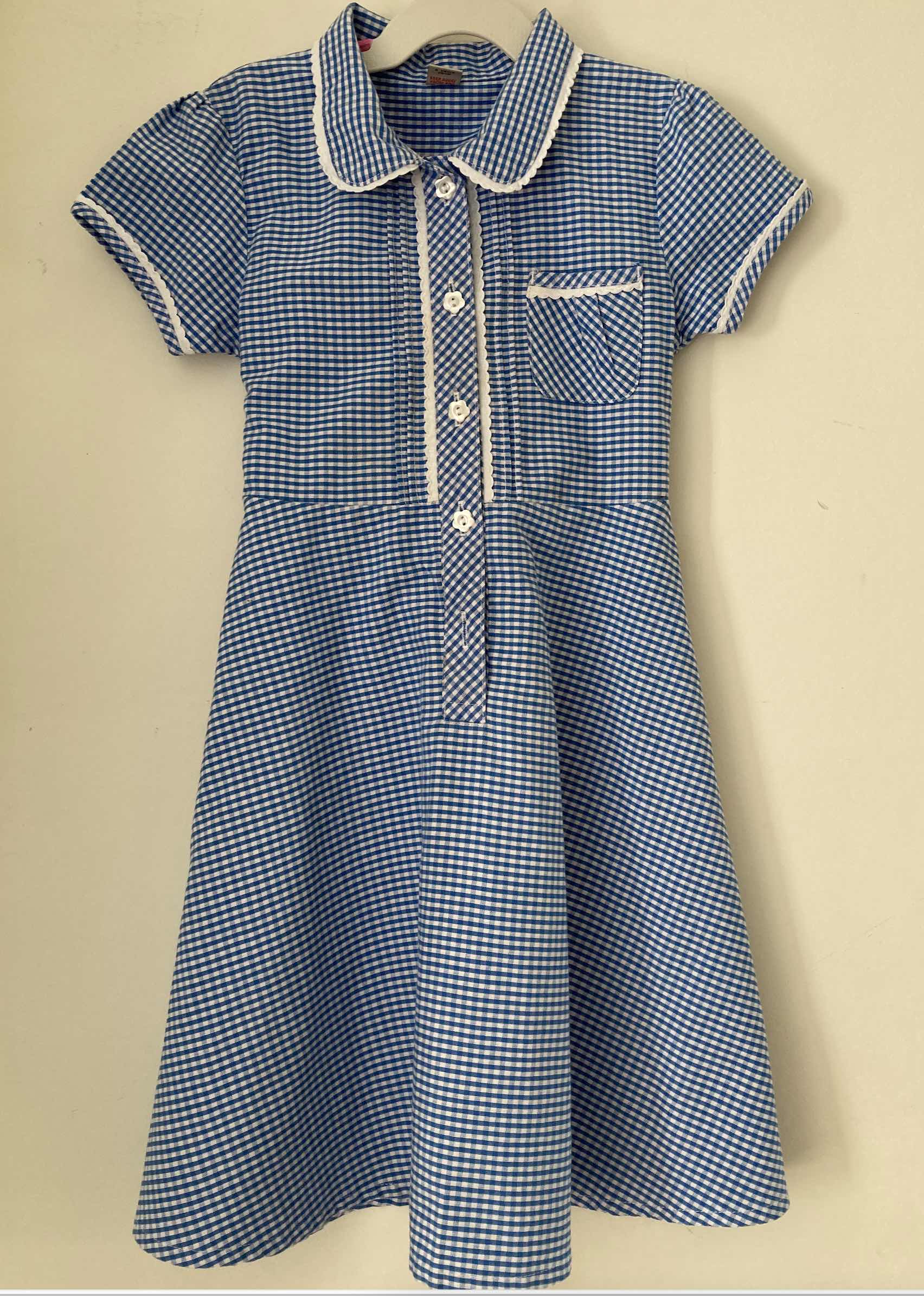 Girls' Blue Gingham Summer Dress, Button Front, Frilled Placket, Breast Pocket, A-line Skirt, Tied Back 3-4 Y
