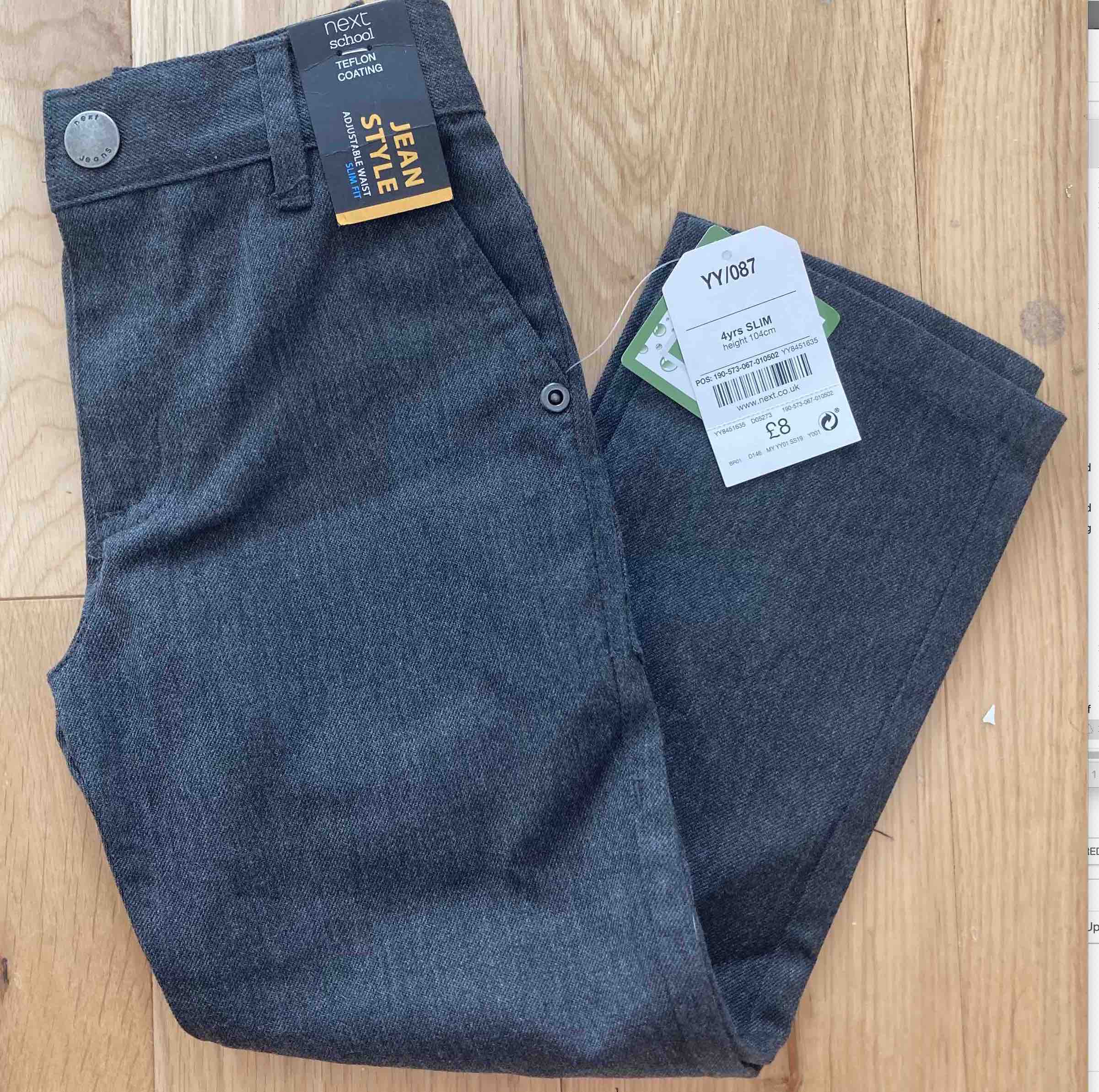 NEW Boys' Dark Grey Jean-style Slim Fit Trousers, Zip Fly, Adjustable Waist, 3-4 Y