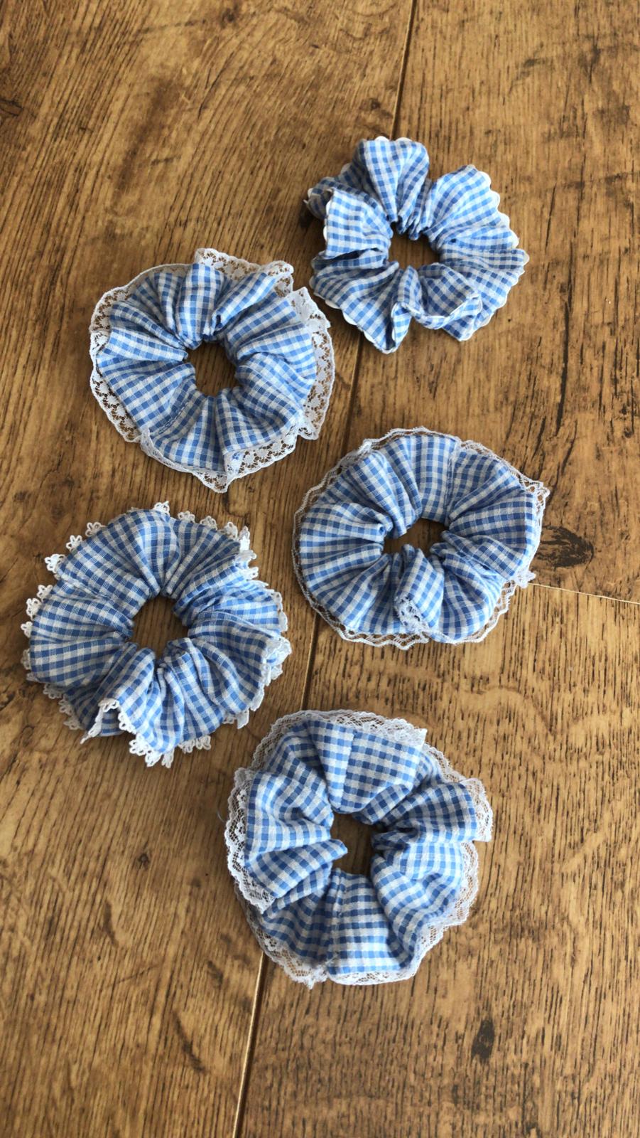 Gingham Scrunchie with Frill - Light Blue